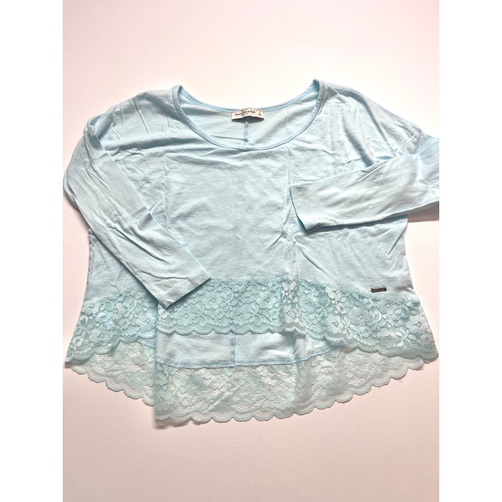 Abercrombie & Fitch Light Blue Lace Trim High Low Long Sleeve Top Large 0279
